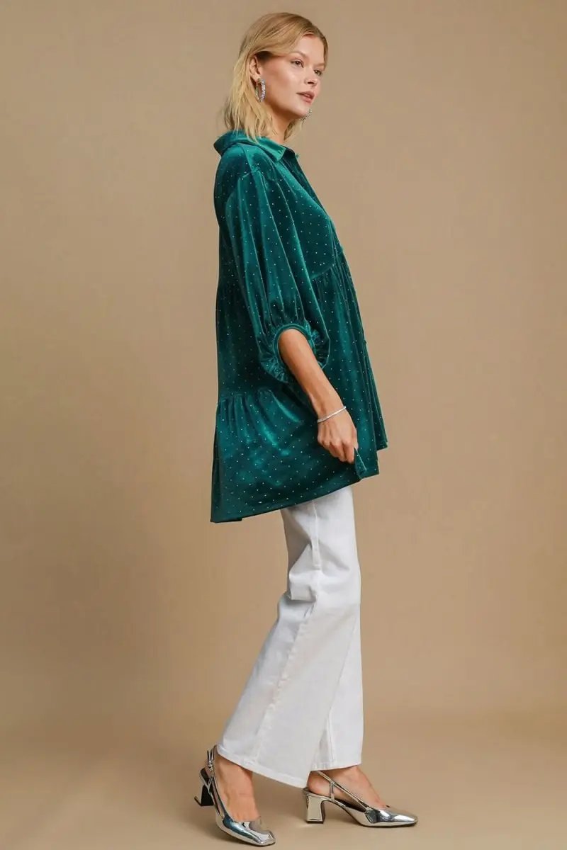 Polka Dot Button-Up Shirt with Collared Neckline by Umgee - Love Salve